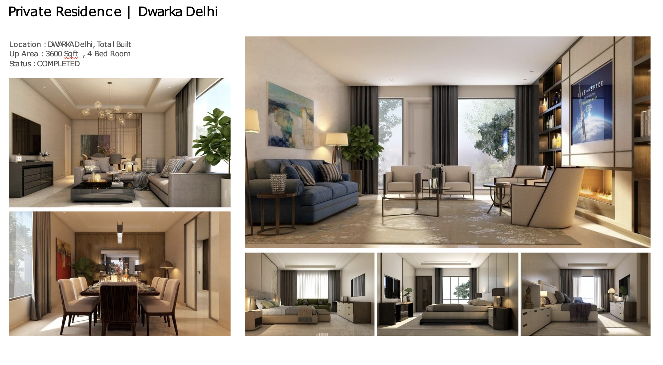Living room design render for ANN’s four-bedroom private residence in Dwarka, Delhi